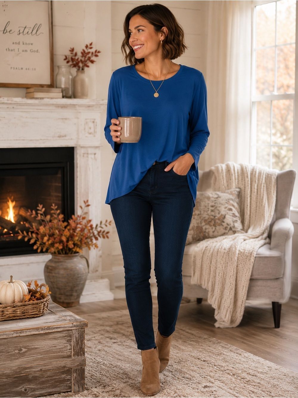 Eileen Fisher Blue Jersey Knit Long Sleeve Tunic Top Medium